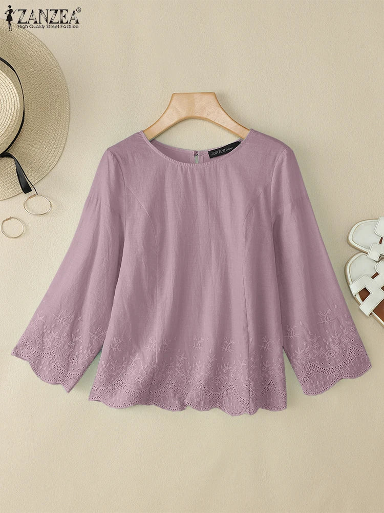 Blusa de Verano para Mujer | Encaje y Retazos Bordados | Cuello Redondo | Ticotrendy