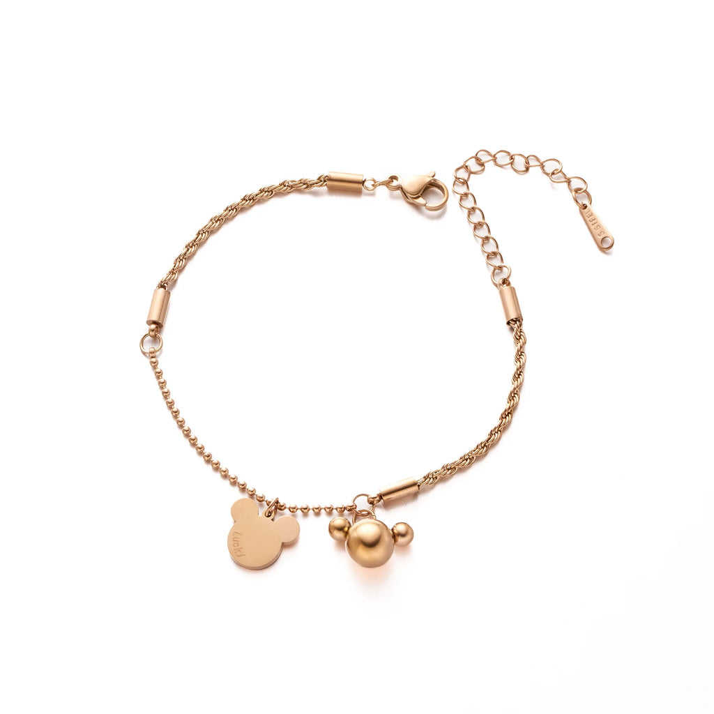 Pulsera Dijes Mickey Mouse Acero Inoxidable Oro Rosa | Estilo Adorable Tendencia