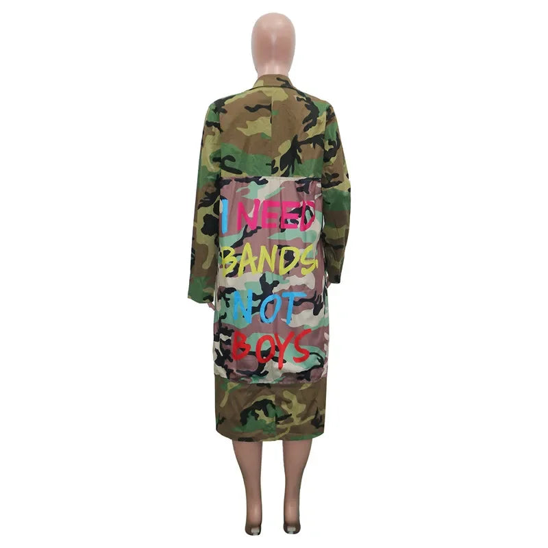 Gabardina de camuflaje para mujer, ropa de talla grande, abrigo con estampado de letras, ropa de calle, Top corto de estilo largo, venta al por mayor, envío directo, 2020