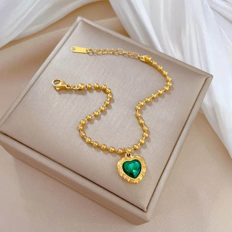 Pulseras con dijes de corazón de amor de cristal verde Vintage de acero inoxidable para mujer, accesorios de mano elegantes, regalos para amigos