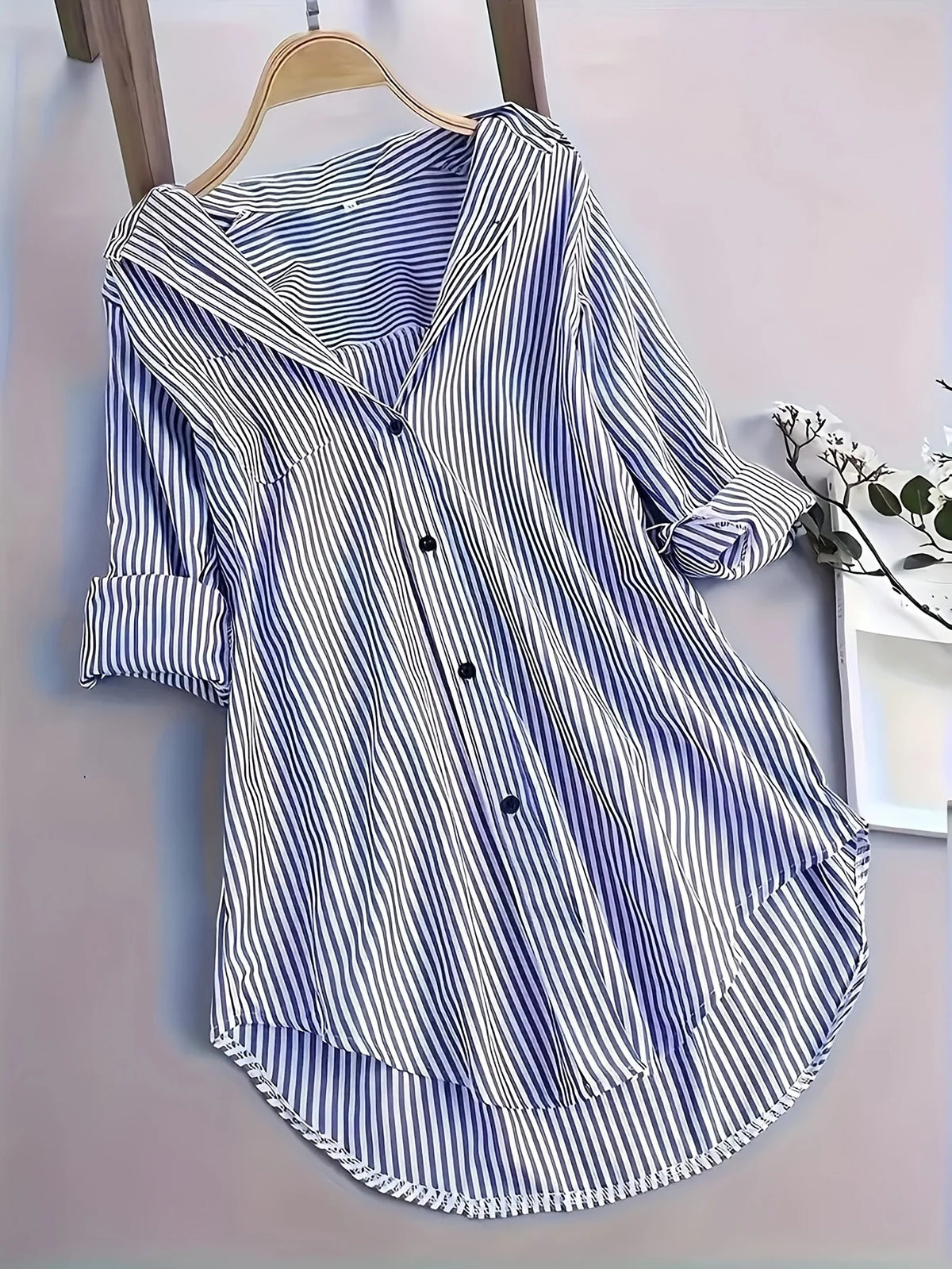 Blusa Elegante a Rayas Plus Size | Manga Larga Cuello Alto | Tallas 1XL-5XL | Tico Trendy