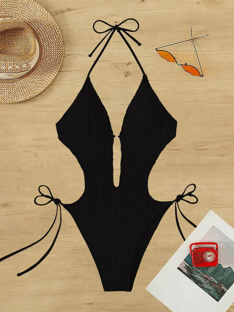 Traje de Baño Una Pieza | Cuello Halter y Lazo Lateral | Monocromático | Verano
