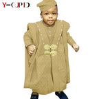 Traje africano Bazin Riche para niño, conjuntos de 4 piezas, camiseta, pantalón, batas y gorro, ropa de exterior Agbada, Y234017