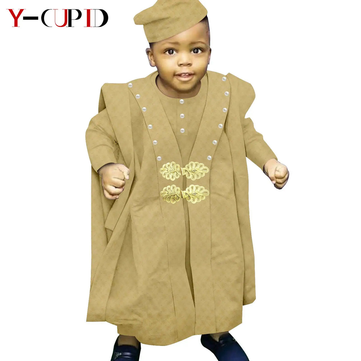 Traje africano Bazin Riche para niño, conjuntos de 4 piezas, camiseta, pantalón, batas y gorro, ropa de exterior Agbada, Y234017