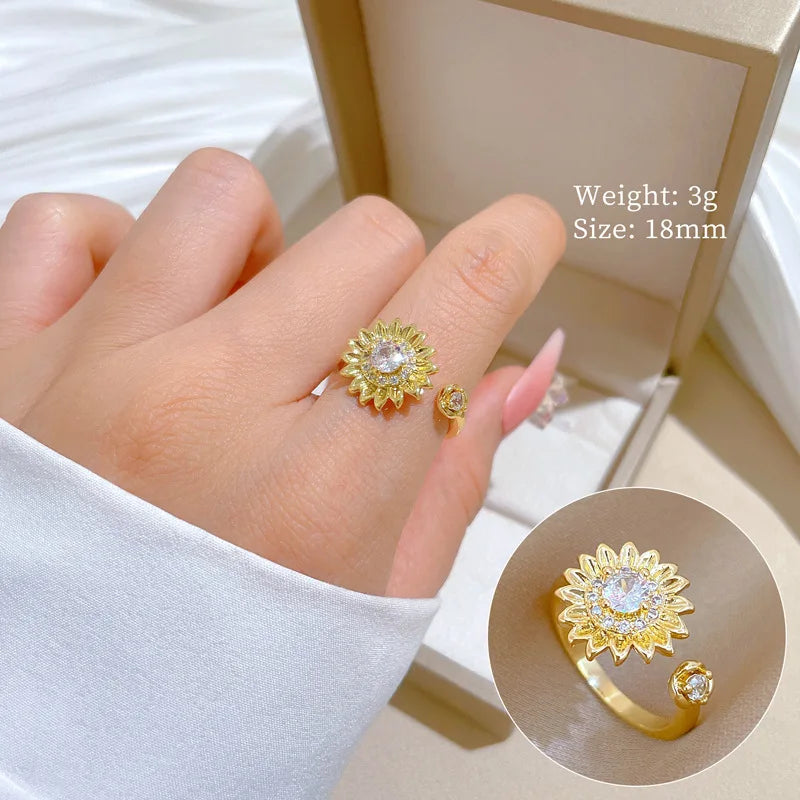 Anillo de girasol de circón chapado en oro de 18 quilates para mujer, anillo de cobre ajustable que se puede abrir, accesorios de joyería, regalos para amigos