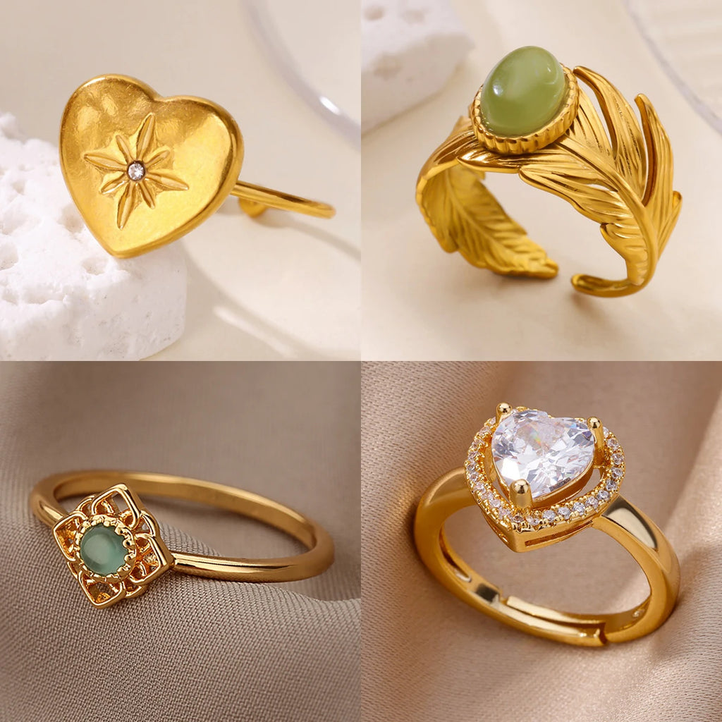 Anillo Ticotrendy Lujo | Ópalo Circón | Corazón Estrella Flor | Acero Oro