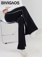 Pantalón Acampanado Curva Raya | Micro Flare Tobillo Dividido | Piel Tiburón Cintura Alta Sexy