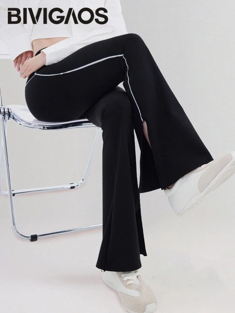 Pantalón Acampanado Curva Raya | Micro Flare Tobillo Dividido | Piel Tiburón Cintura Alta Sexy