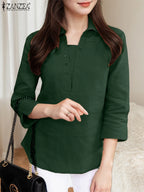 Blusa de Oficina para Mujer 2025 | Cuello Solapa y Manga 3/4 | Tallas Grandes | Ticotrendy