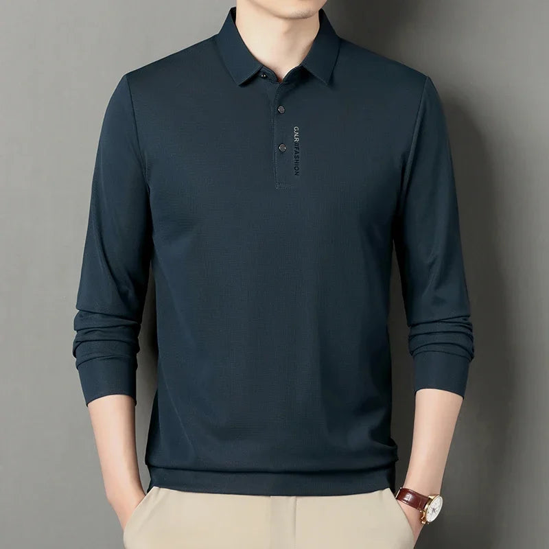 Polo con solapa para hombre, camiseta elástica de alta calidad, Top informal de negocios, camisetas clásicas de manga larga, cómodas y ajustadas, otoño