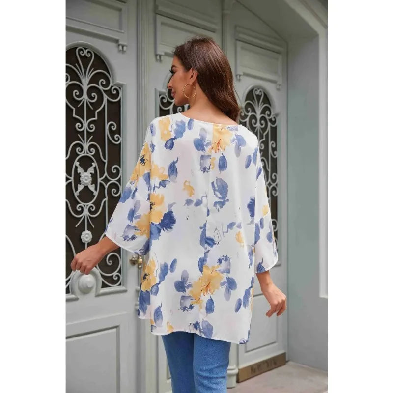 Blusa de manga corta con estampado de flores y media manga con cuello en V de verano para mujer de talla grande 1XL-5XL