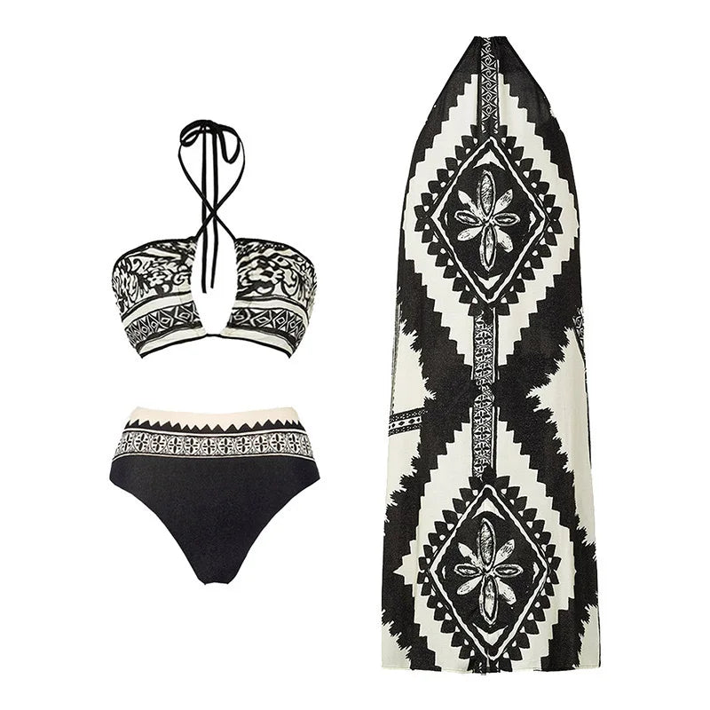 Traje de Baño Una Pieza con Falda de Gasa - Estampado Moderno para la Playa