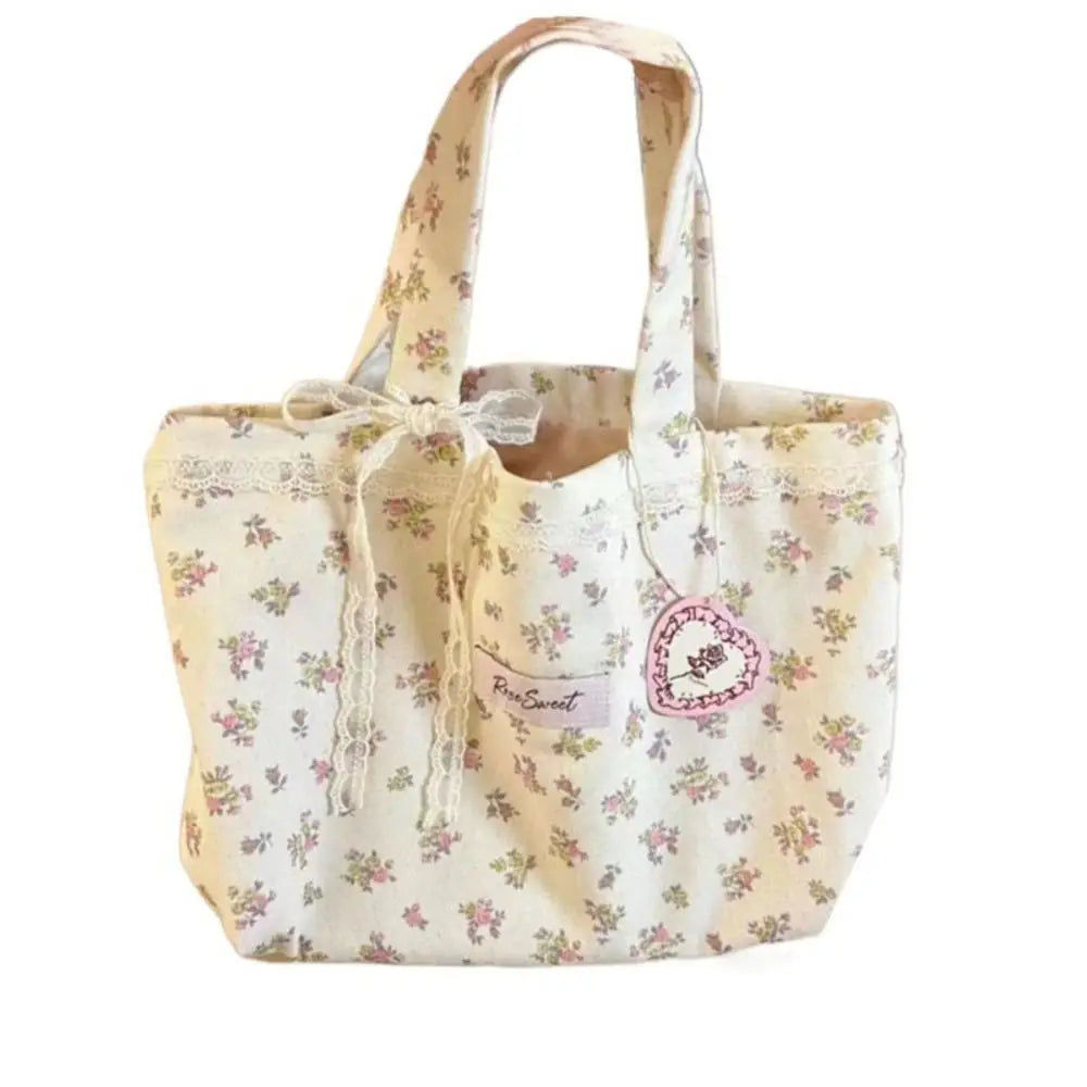 Bolso Tote de Lona Grande con Estampado Floral, Lazo de Encaje y Bordado