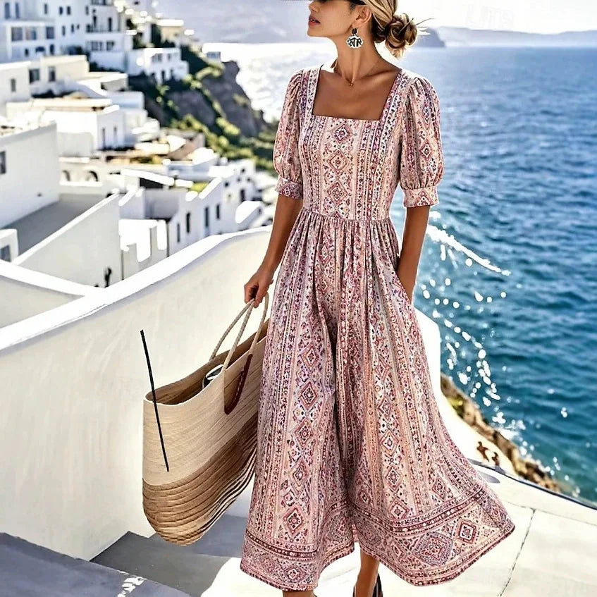 Vestido Corto Estampado Cuello Cuadrado con Bolsillos
