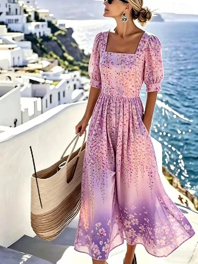 Vestido Corto Estampado Cuello Cuadrado con Bolsillos