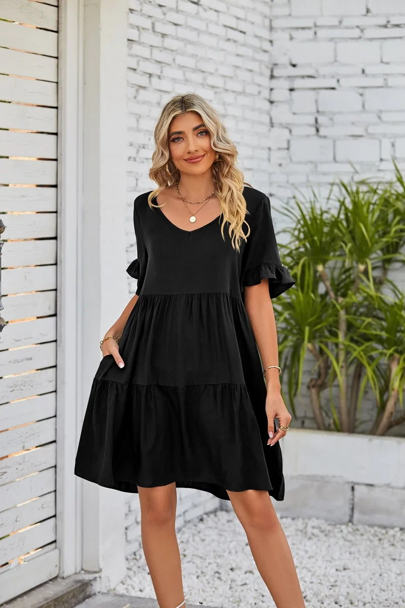 Vestido Midi de Playa | Algodón Liso Cuello V | Mangas Cortas con Volantes | Tico Trendy