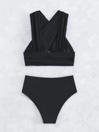 Bikini de Cintura Alta con Pliegues Cruzados - Traje de Dos Piezas