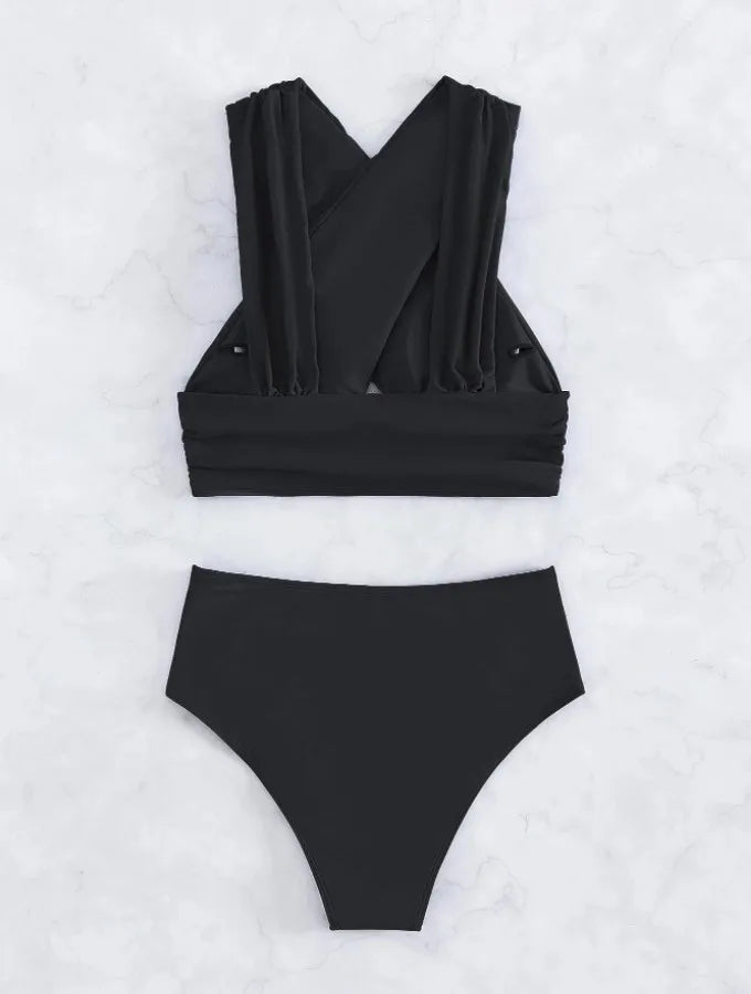 Bikini de Cintura Alta con Pliegues Cruzados - Traje de Dos Piezas