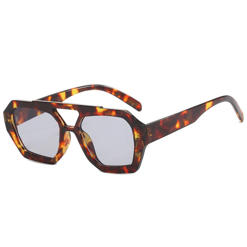 Gafas Sol Retro Doble Puente Montura Grande | Leopardo Té Degradado Moda Casual