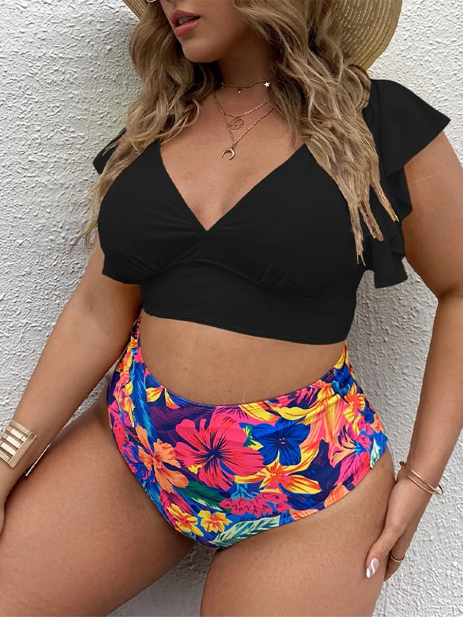 Bikini de Talla Grande con Volantes - Estampado y Tiro Alto para Playa