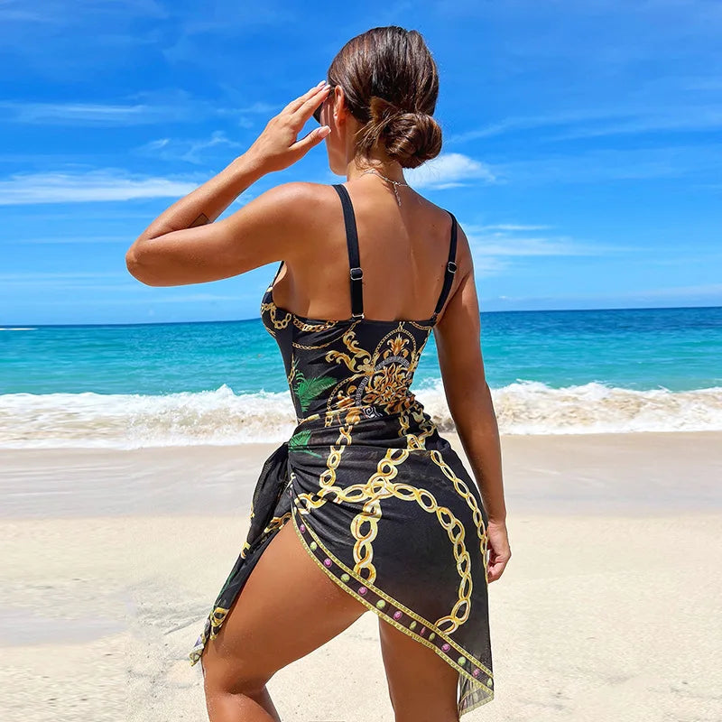 Traje de Baño Push Up con Falda - Estampado de Cadena para Playa y Piscina
