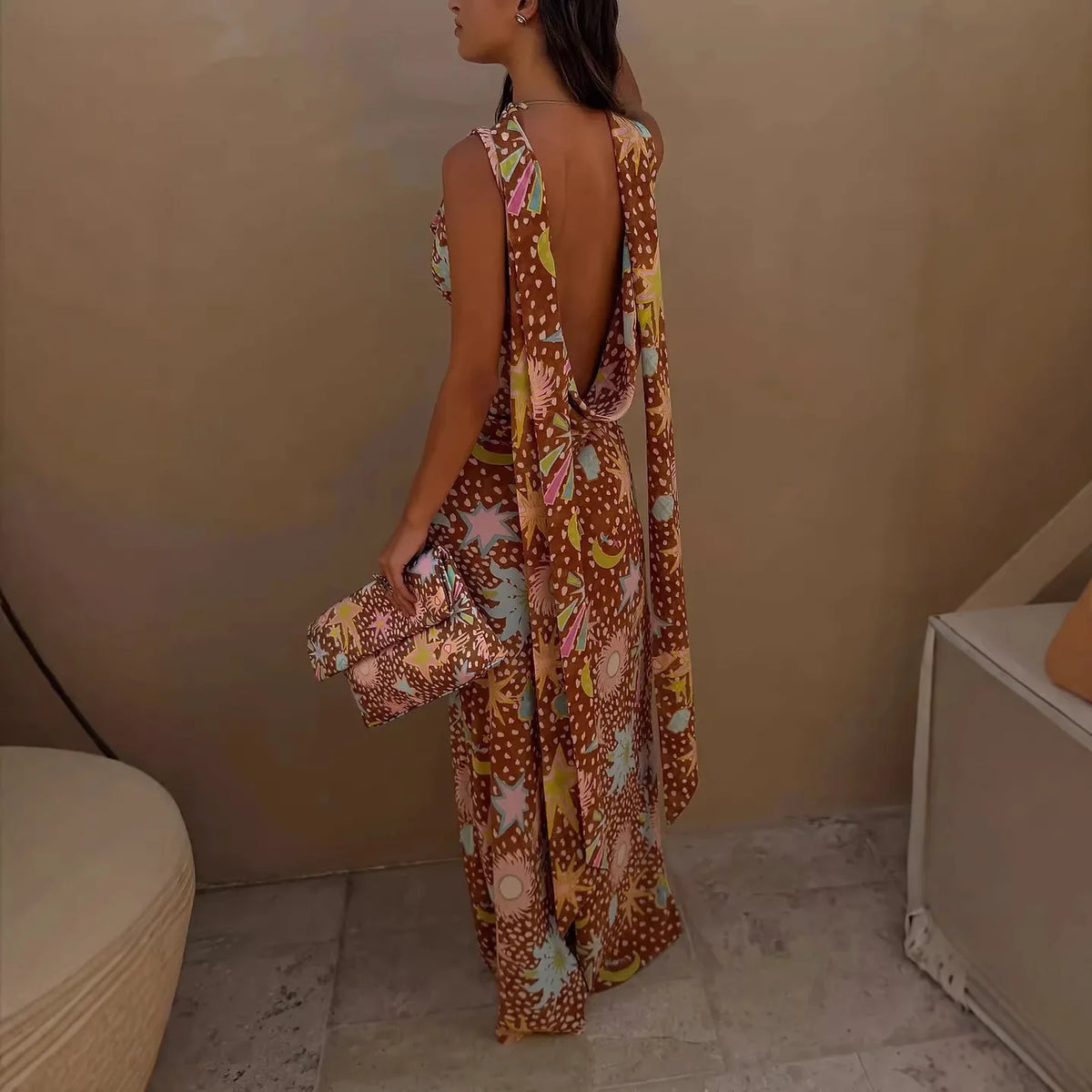 Vestido Largo Estampado de Cintas, Top Tubo