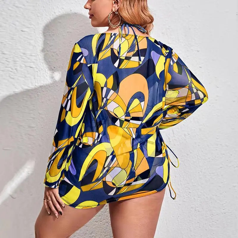 Conjunto de Bikinis de Malla Estampados de Tres Piezas | Traje de Baño de Talla Grande para Playa