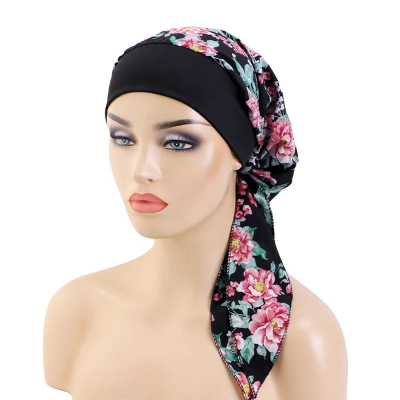Nuevo pañuelo para la cabeza con estampado satinado para mujer, turbante musulmán elástico preatado, gorro para dormir para quimioterapia, cubierta para la pérdida de cabello, pañuelo para la cabeza
