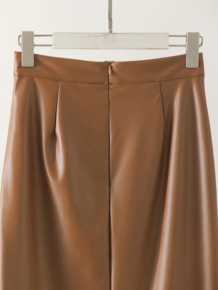 Falda Midi De Cuero Sintético Con Abertura Y Pliegues Sexy