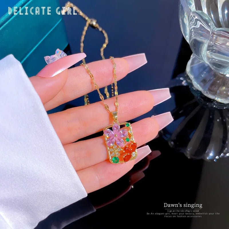 Collares con colgante cuadrado de flor de circón colorido Vintage para mujer, cadena de acero inoxidable de Color dorado, regalos de joyería de lujo
