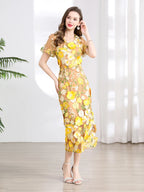 Vestido Fiesta Lujo Bordado Encaje Flores 3D | Cuello V Manga Corta Mitad Pantorrilla