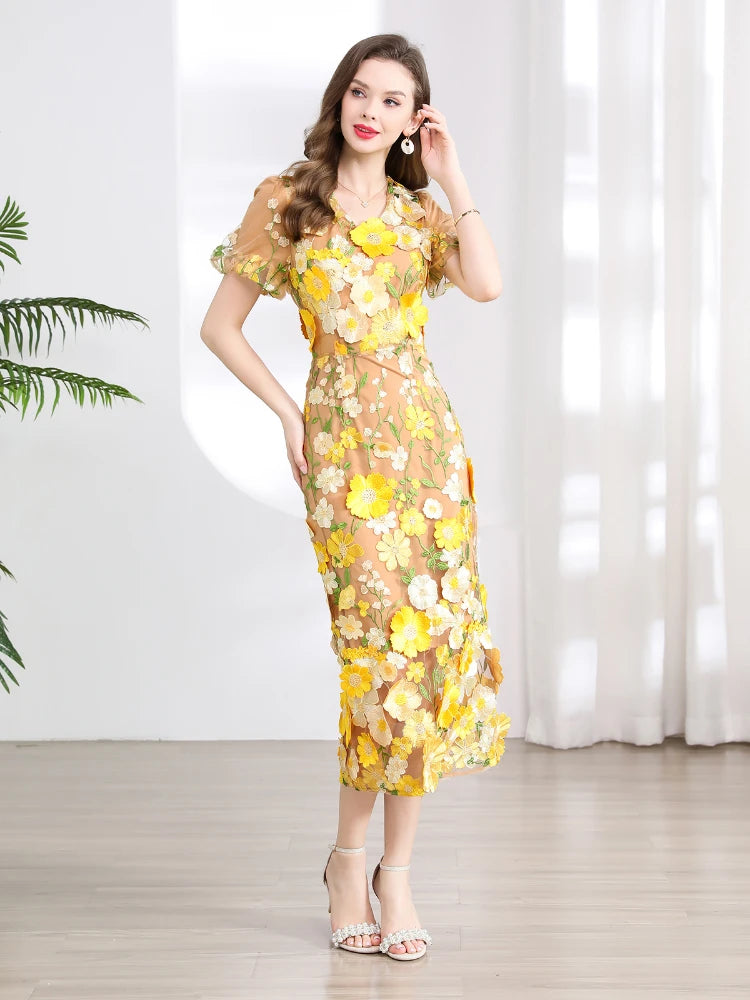 Vestido Fiesta Lujo Bordado Encaje Flores 3D | Cuello V Manga Corta Mitad Pantorrilla