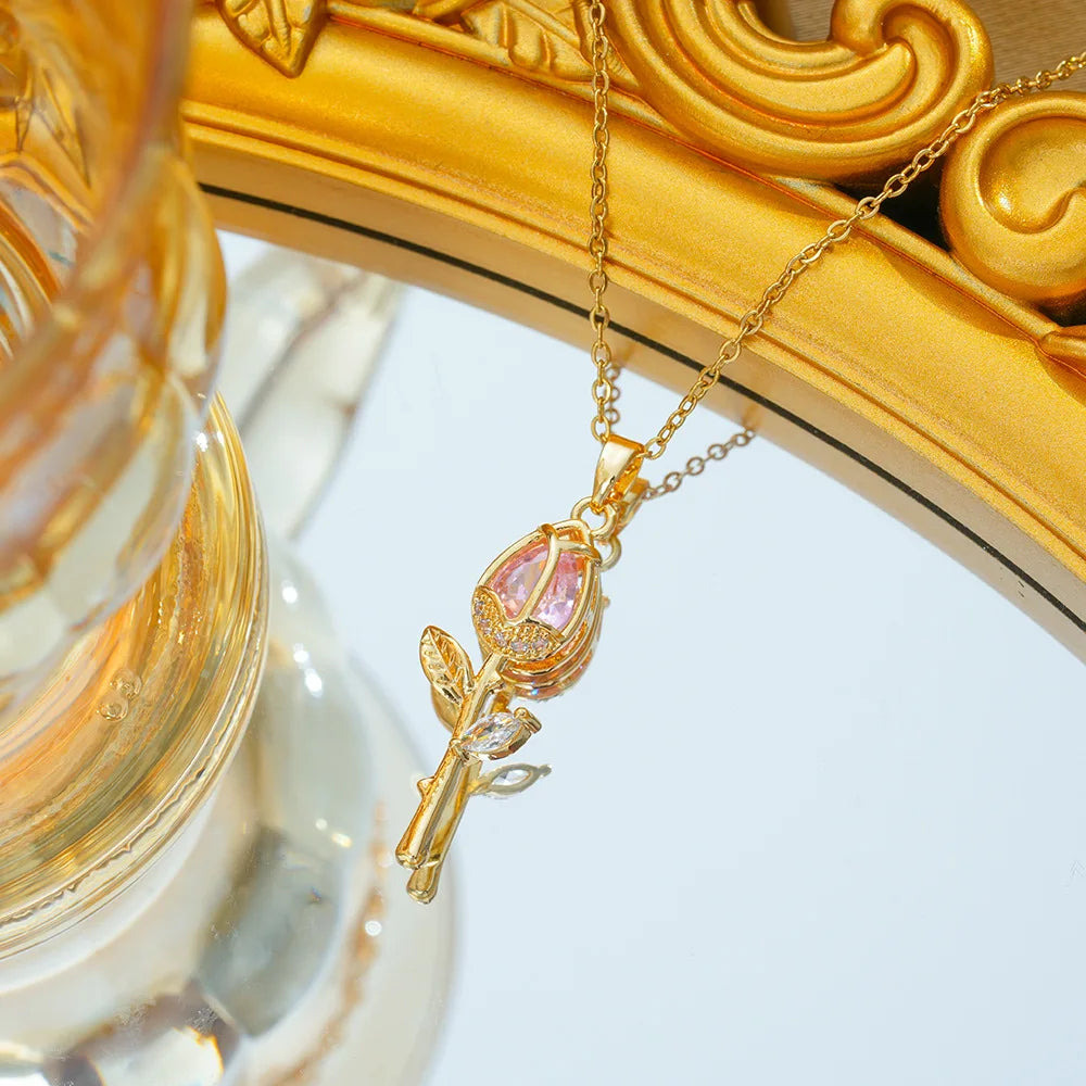 Cadena de acero inoxidable para mujer y niña, collares con colgante de flor de tulipán de circón de lujo a la moda, accesorios de Collar elegantes, regalo de joyería