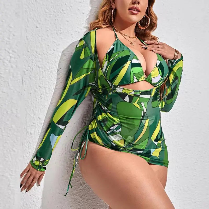 Conjunto de Bikinis de Malla Estampados de Tres Piezas | Traje de Baño de Talla Grande para Playa