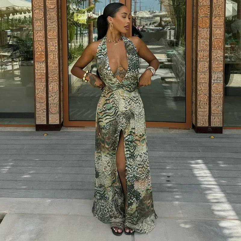 Vestido largo elegante con estampado abstracto para mujer, falda larga dividida con escote en V profundo y espalda descubierta, vestido informal de estilo francés a la moda de verano