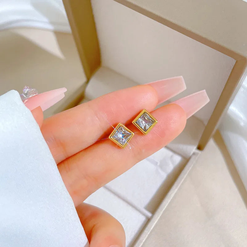 Pendientes de circonita cuadrados simples de acero inoxidable para mujeres y hombres, accesorios para las orejas geniales, accesorios de joyería, regalos