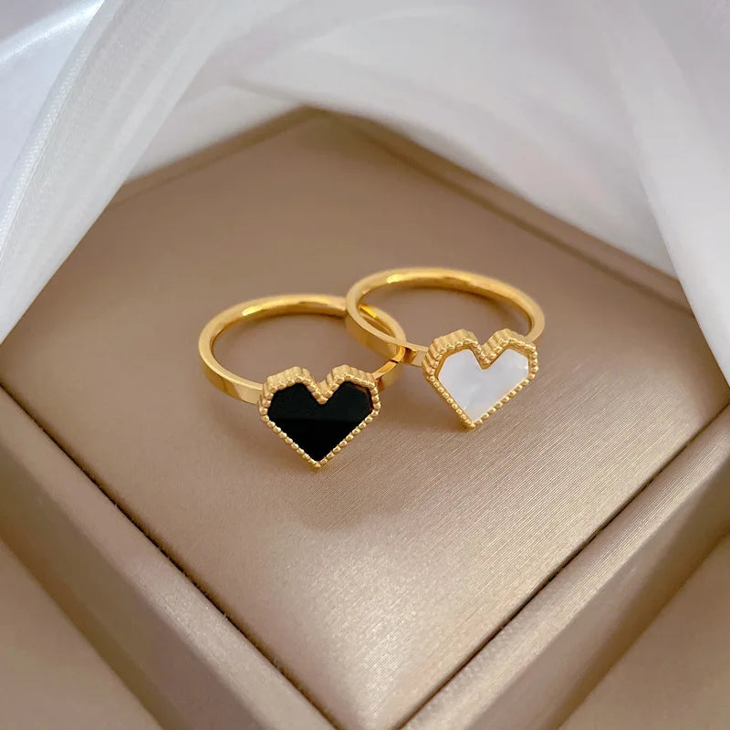 Anillos simples de corazón de amor de concha de acero inoxidable para mujeres y niñas, anillos de concha blanca y negra, regalos de joyería para amigos