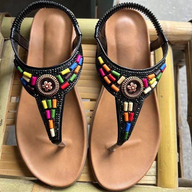 Sandalias Planas Bohemias Estilo Romano Gladiador | Tiras con Cuentas Clip Toe