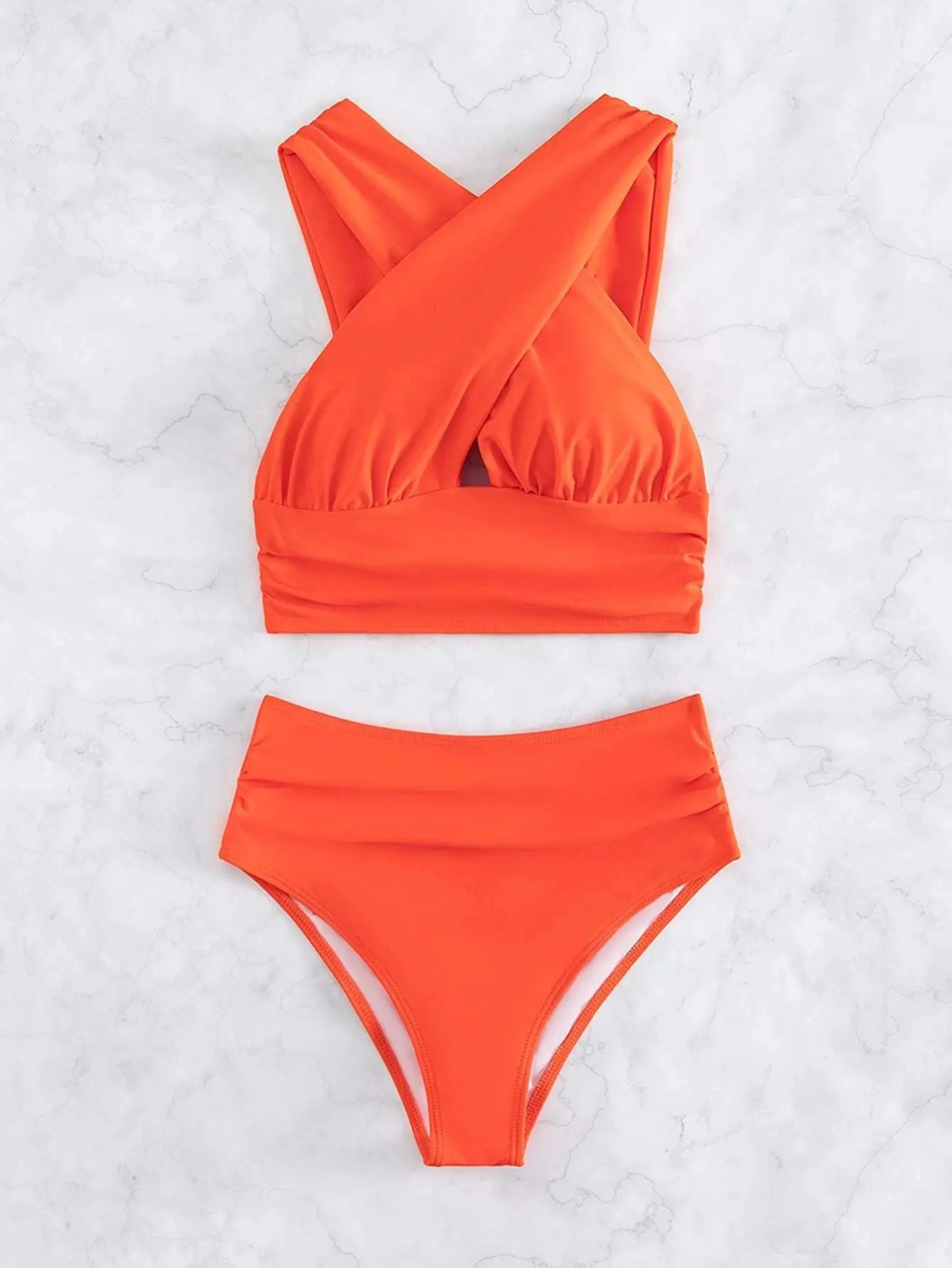 Bikini de Cintura Alta con Pliegues Cruzados - Traje de Dos Piezas