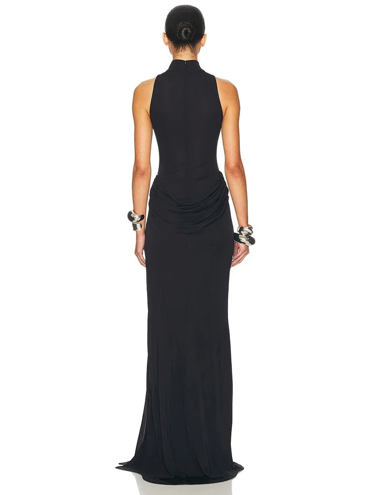 Vestido Largo Plisado sin Mangas | Cuello Alto Elegante