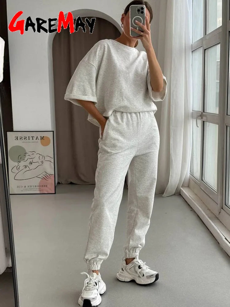 Conjunto 2 Piezas Algodón Oversize | Top y Pantalón Casual | Gris/Blanco | Verano 2025 | Ticotrendy
