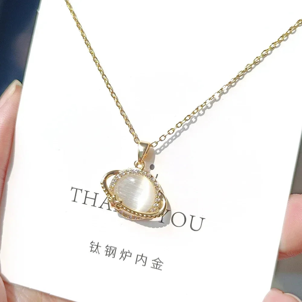 Collares de Planeta de piedra lunar de circón de acero inoxidable para mujeres y niñas, Color dorado, joyería de moda, regalos, accesorios para amigos