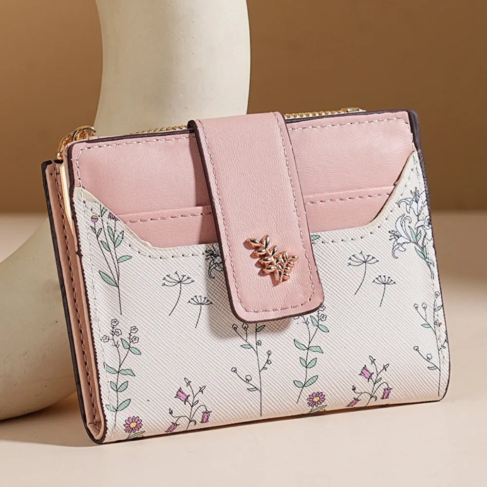 Cartera corta de cuero PU a la moda para mujer, tarjetero con cerrojo y flores pequeñas, cartera pequeña delgada, monedero multitarjetas para niña