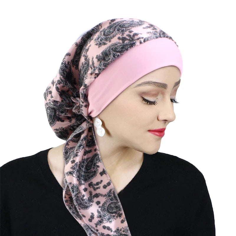 Turbante de satén preatado para mujer, hiyab interior musulmán, gorros para quimio contra el cáncer, pañuelo para la cabeza para la pérdida de cabello, Bandana, accesorios elásticos para el cabello