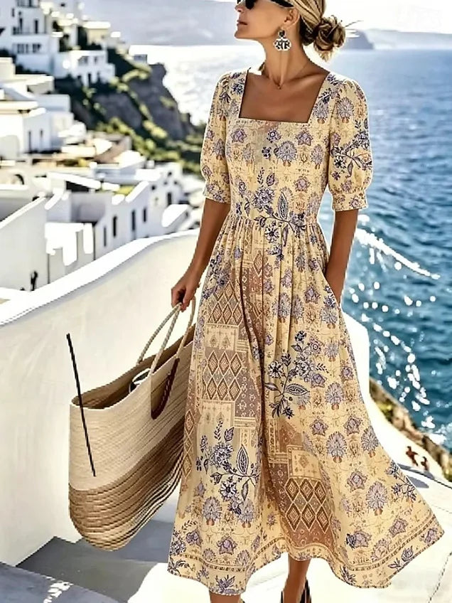 Vestido Corto Estampado Cuello Cuadrado con Bolsillos