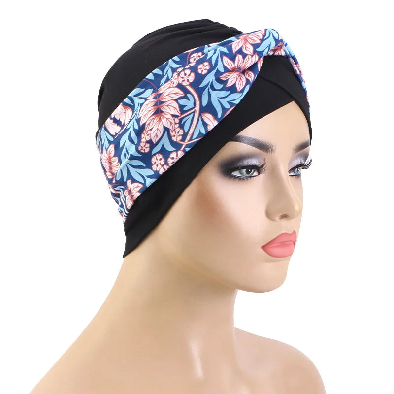 Nuevo turbante con estampado Floral y nudo torcido para mujer musulmana, Hijab, gorro para quimio, gorro elástico indio para mujer, pañuelo para la cabeza, gorro para la pérdida de cabello