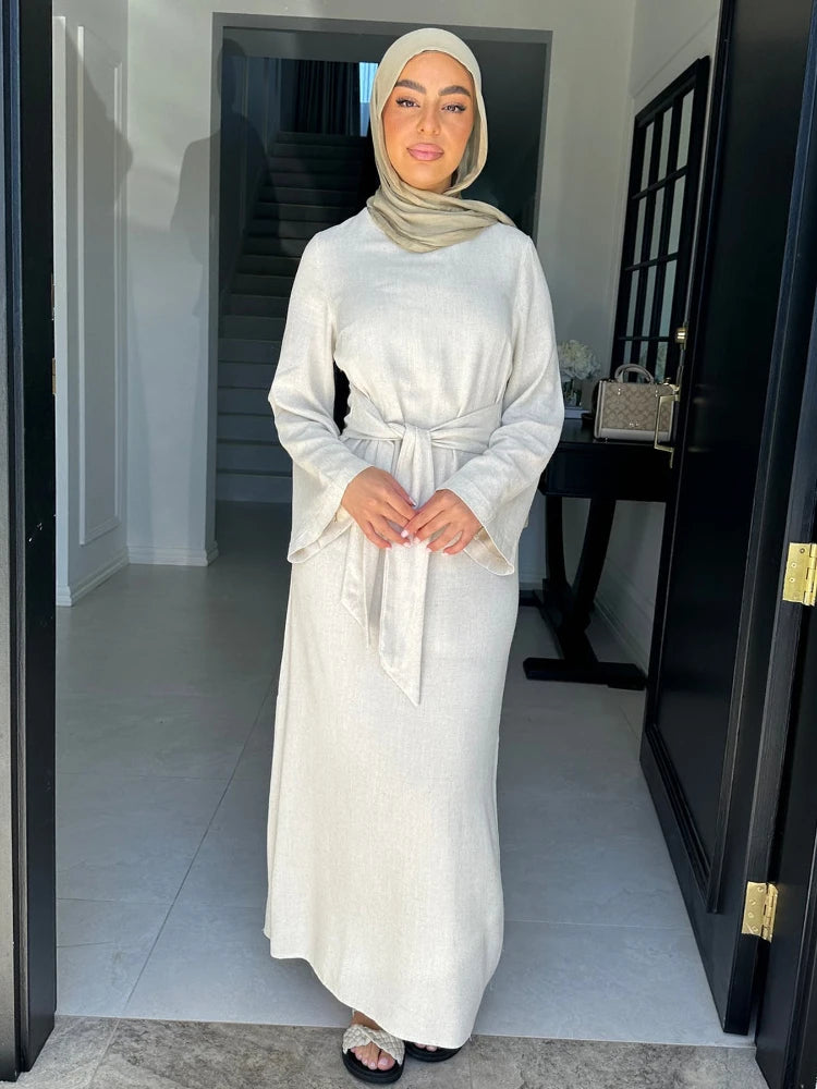 Vestido Bandage de lino y algodón Eid para mujer, vestido de fiesta Abaya musulmán, caftán árabe de Dubái, Turquía, Marruecos, vestido islámico