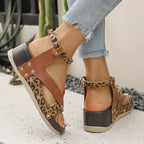 Sandalias de Cuña Leopardo con Correa en Tobillo | Tacón Alto | Talla Grande | Cuero PU