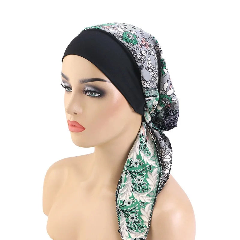 Nuevo pañuelo para la cabeza con estampado satinado para mujer, turbante musulmán elástico preatado, gorro para dormir para quimioterapia, cubierta para la pérdida de cabello, pañuelo para la cabeza