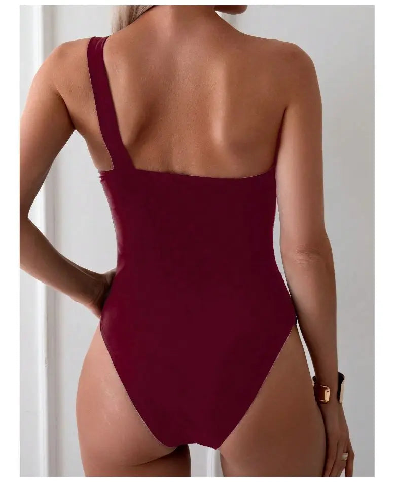 Traje de Baño 1 Hombro Ajustado | Color Sólido | Natación y Playa